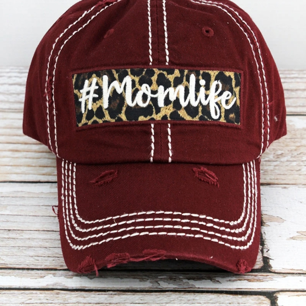 DISTRESSED BURGUNDY '#MOMLIFE' CAP